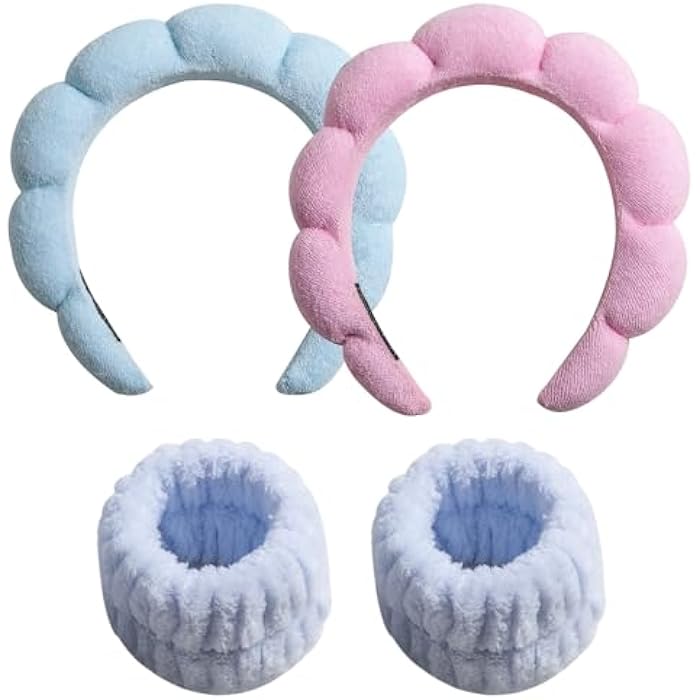 oneleaf Spa Facial Headband Sponge Makeup Headband Girls Washing Face Skincare Padded Soft Microfiber Spa Wrist Washband Ladies Spa Hair Wraps Headbands for Shower Makeup Bath-Blue&Pink - Image 1